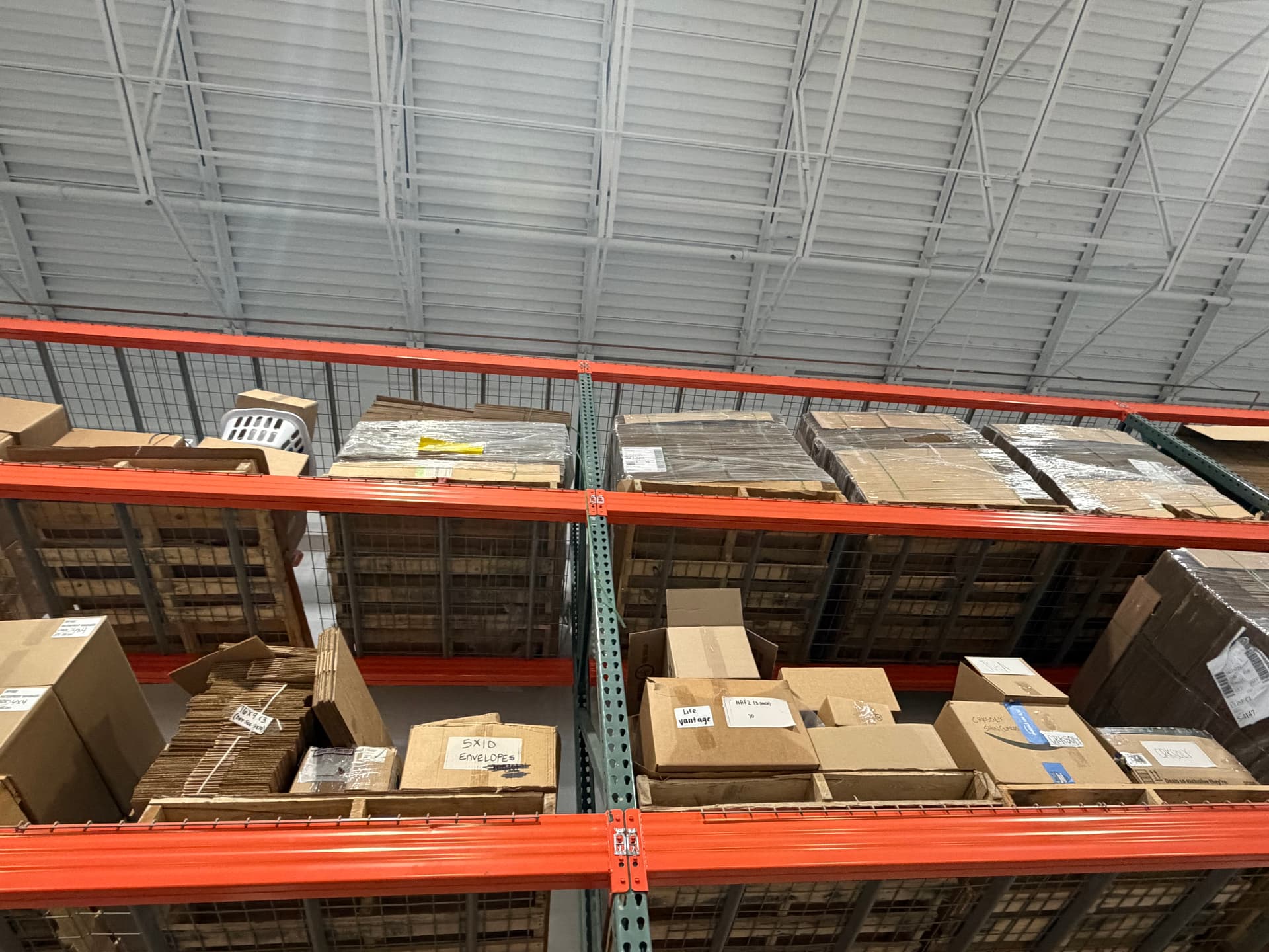 Warehouse shelving with product inventory